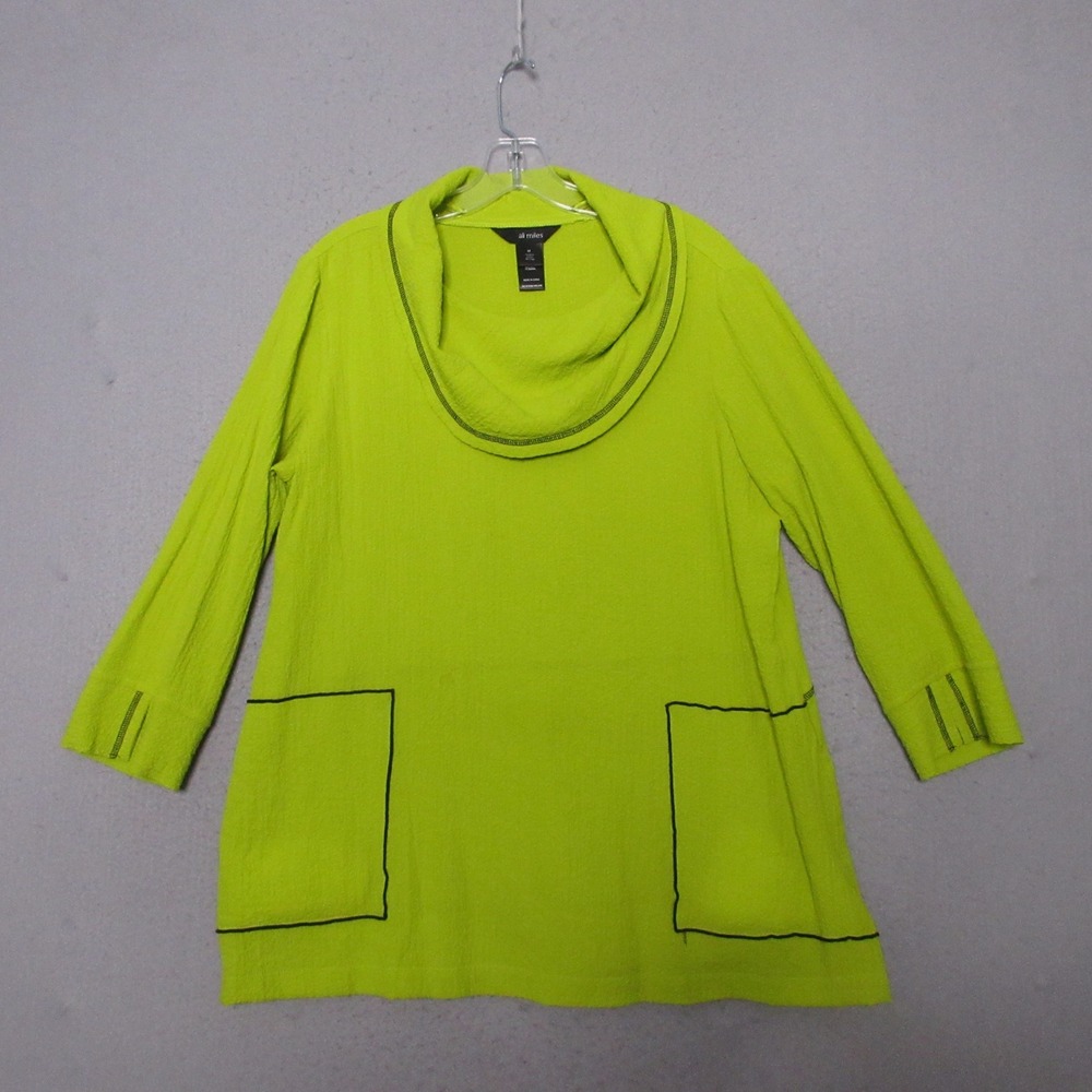 Ali Miles Tunic Medium Bright Green Cowl Neck Pockets Lagenlook Top Statement